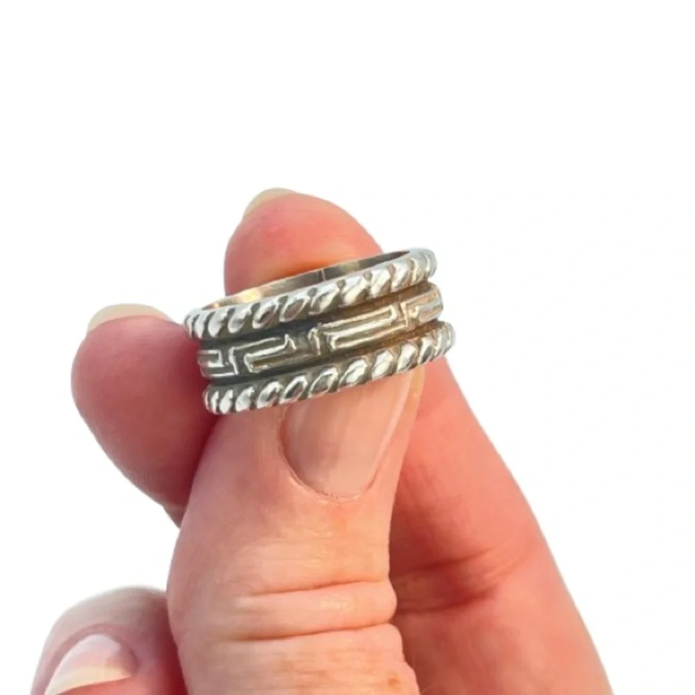 Silver Greek Key Band Ring | Rope Twist Edging | 925 Stamped Sterling